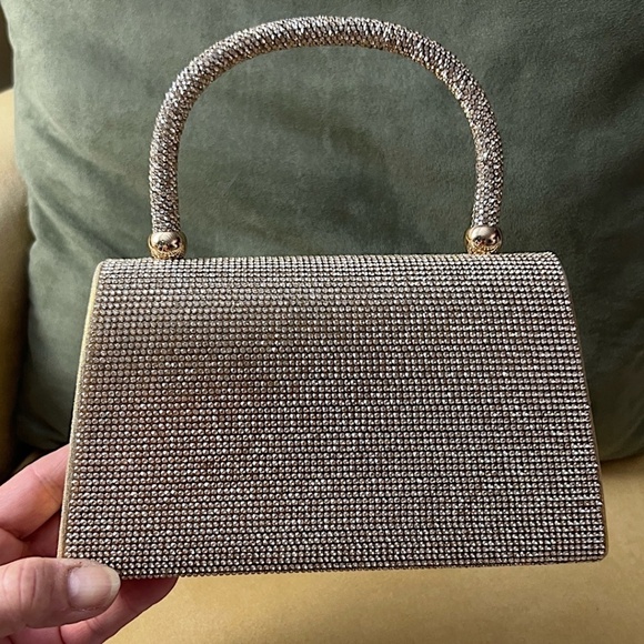 NWT Glittery Gold Rhinestone Evening Bag w/Handle & Detachable Crossbody Chain - Picture 9 of 16